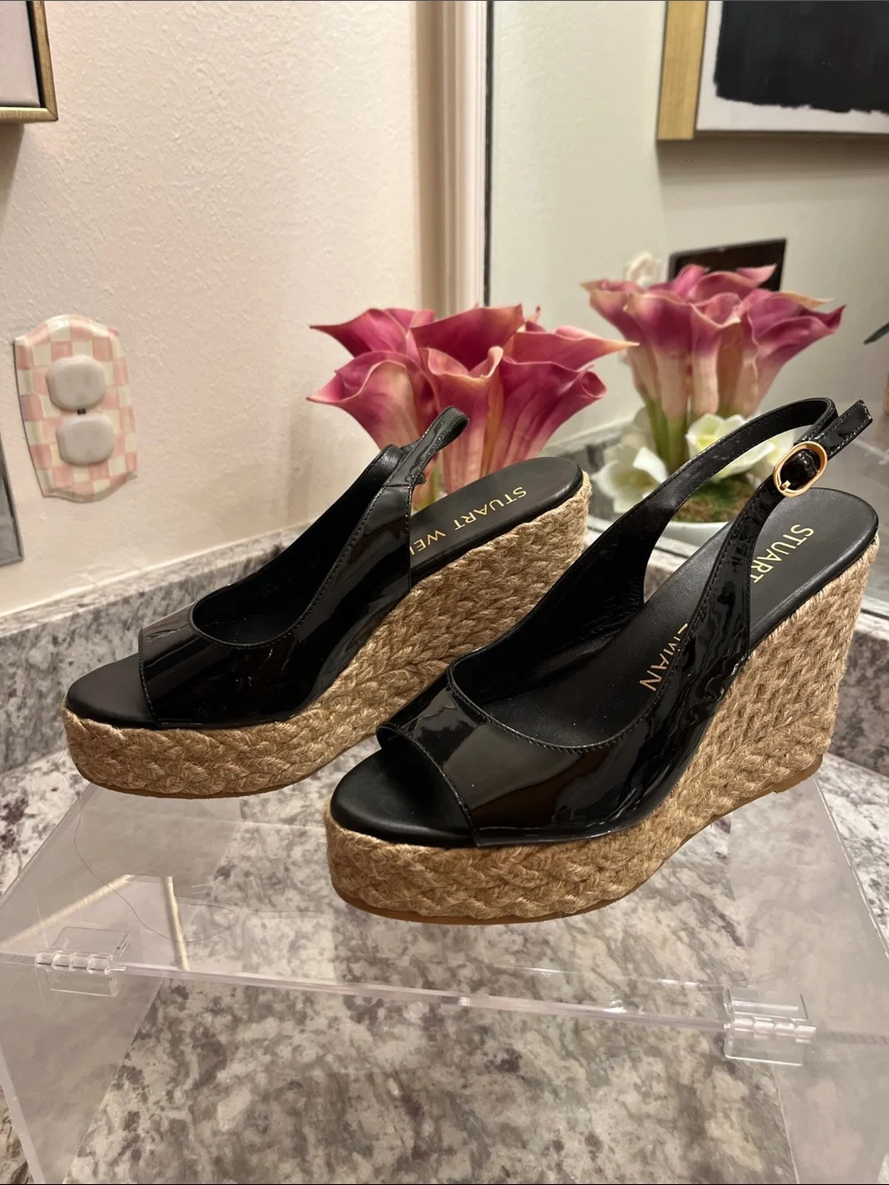Stuart Weitzman Black Patent Espadrille Platform Wedges